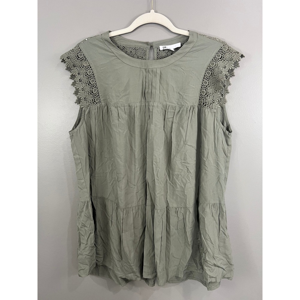 DR2 Tiered Babydoll Top Womens 1X Green NWT Crochet Lace Sleeveless Pintuck
